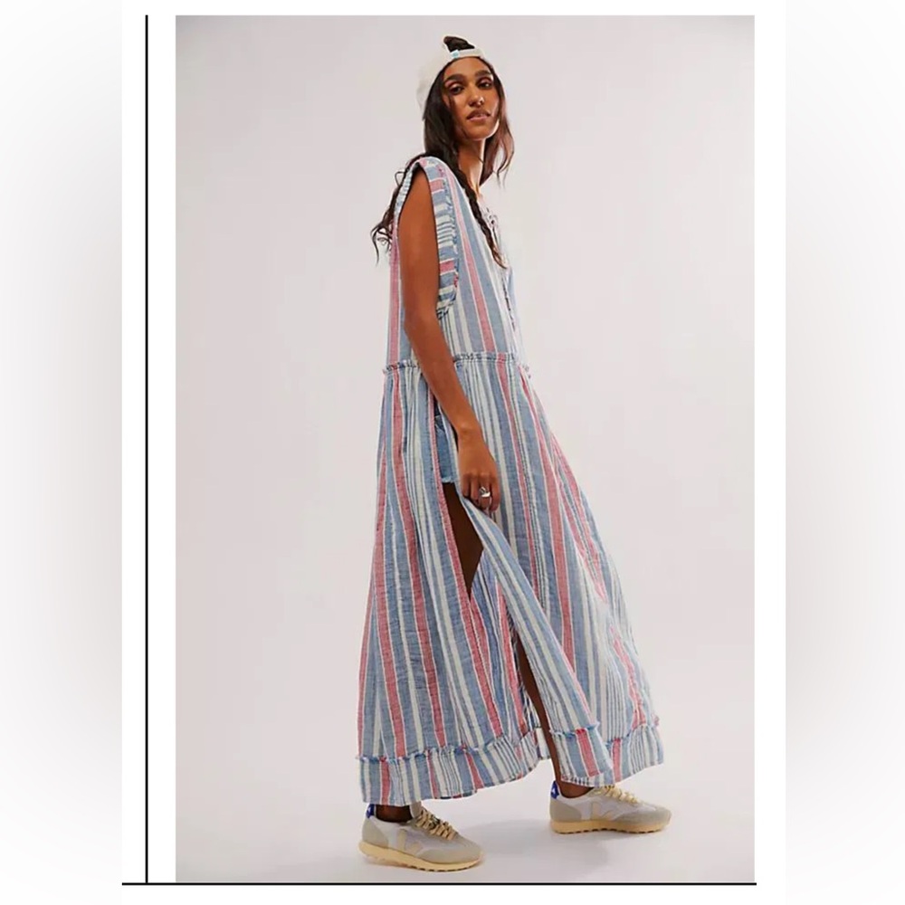Free People We The Free Surf Stripe Maxi Top Cotton Linen Blend Beach Vacation - Picture 2 of 15
